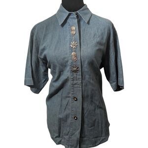Vintage Grubig Trachten Austrian Denim Shirt Metal Coin Sun Buttons Western L